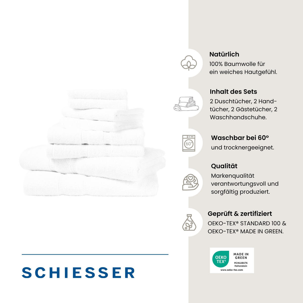 SCHIESSER Frottierset Las Palmas - 8-teilig - Weiß - Weiß, Textil (50/100cm) - SCHIESSER