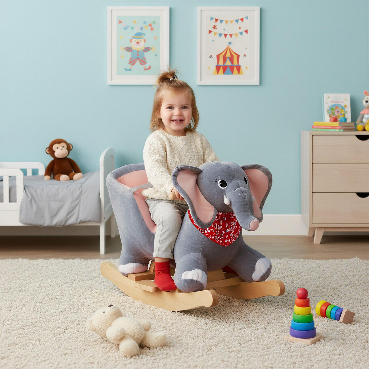 SCHAUKELTIER Elefant, massive Holzkufen, ab 12 Monaten geeignet, grau - Grau, Kunststoff (33/45.5/63cm) - tectake