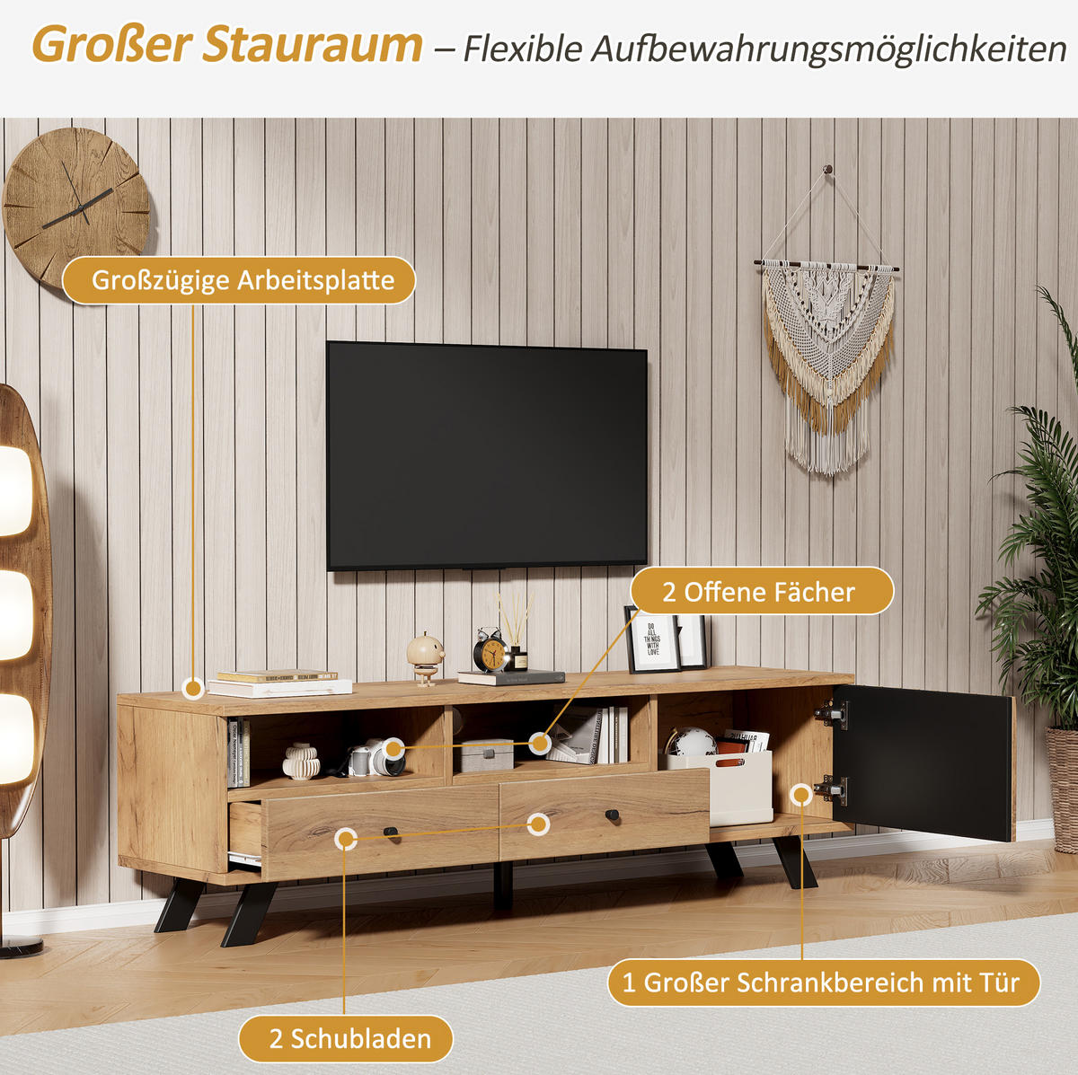 TV-LOWBOARD 150/38/44 cm mit 2 Schubladen, 1 Schrankfach und 2 offenen Fächern, Holzfarbe/Schwarz - Naturfarben, Holzwerkstoff (150/44/38cm) - Redom