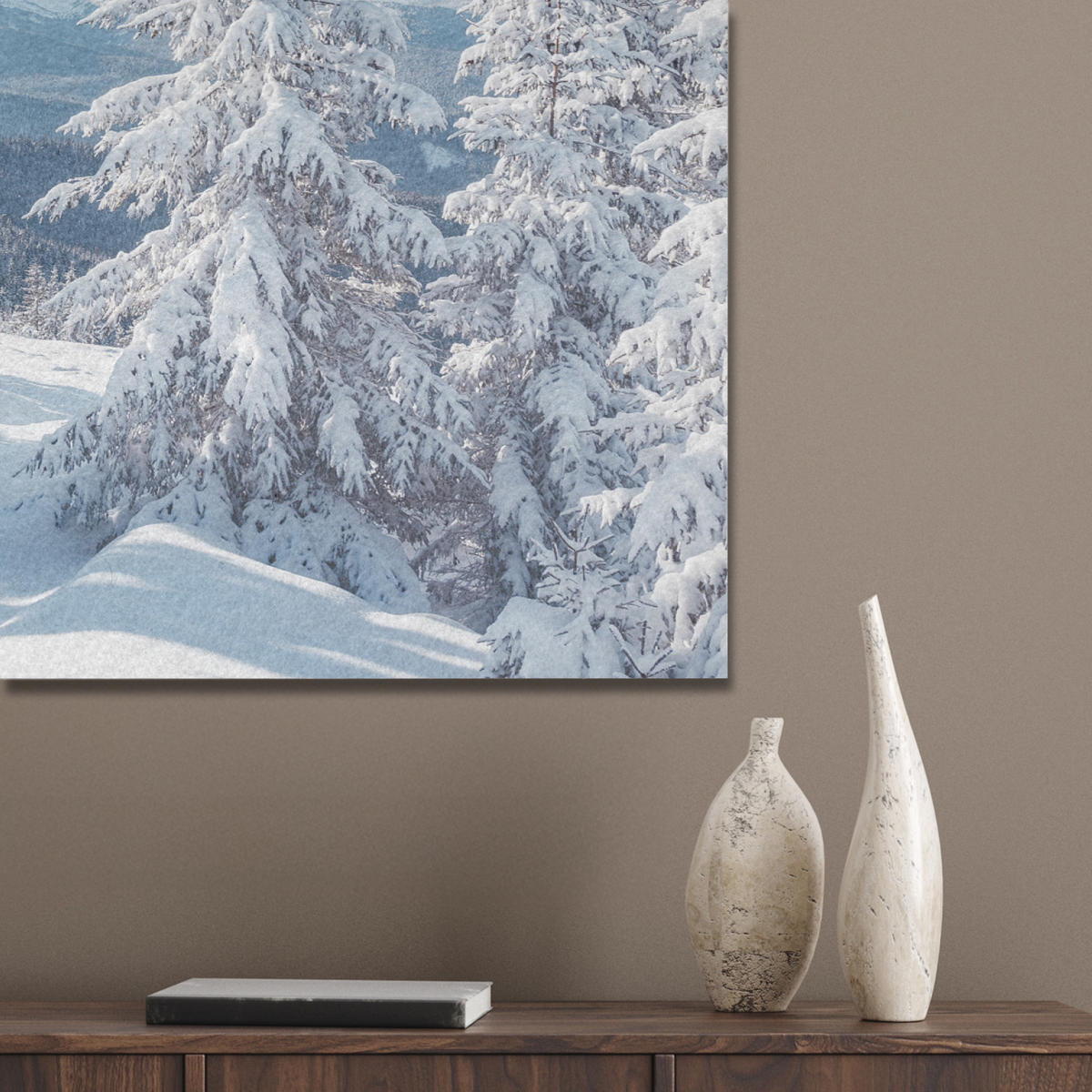 AKUSTIKBILD Winterlandschaft - Natur - Berge - Bäume - Schnee Akustikpaneele 90x60 cm - Hellblau, Kunststoff (90/60/0.9cm) - MuchoWow