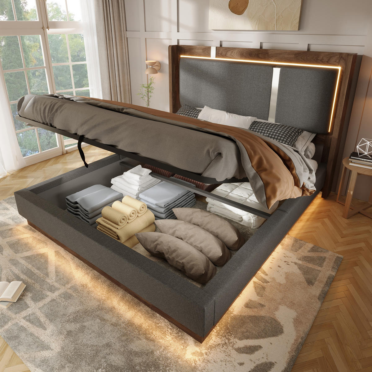 POLSTERBETT 140/200 cm Grau mit LED und Bettkasten, ohne Matratze - Grau, Textil (140/200cm) - Oxeza
