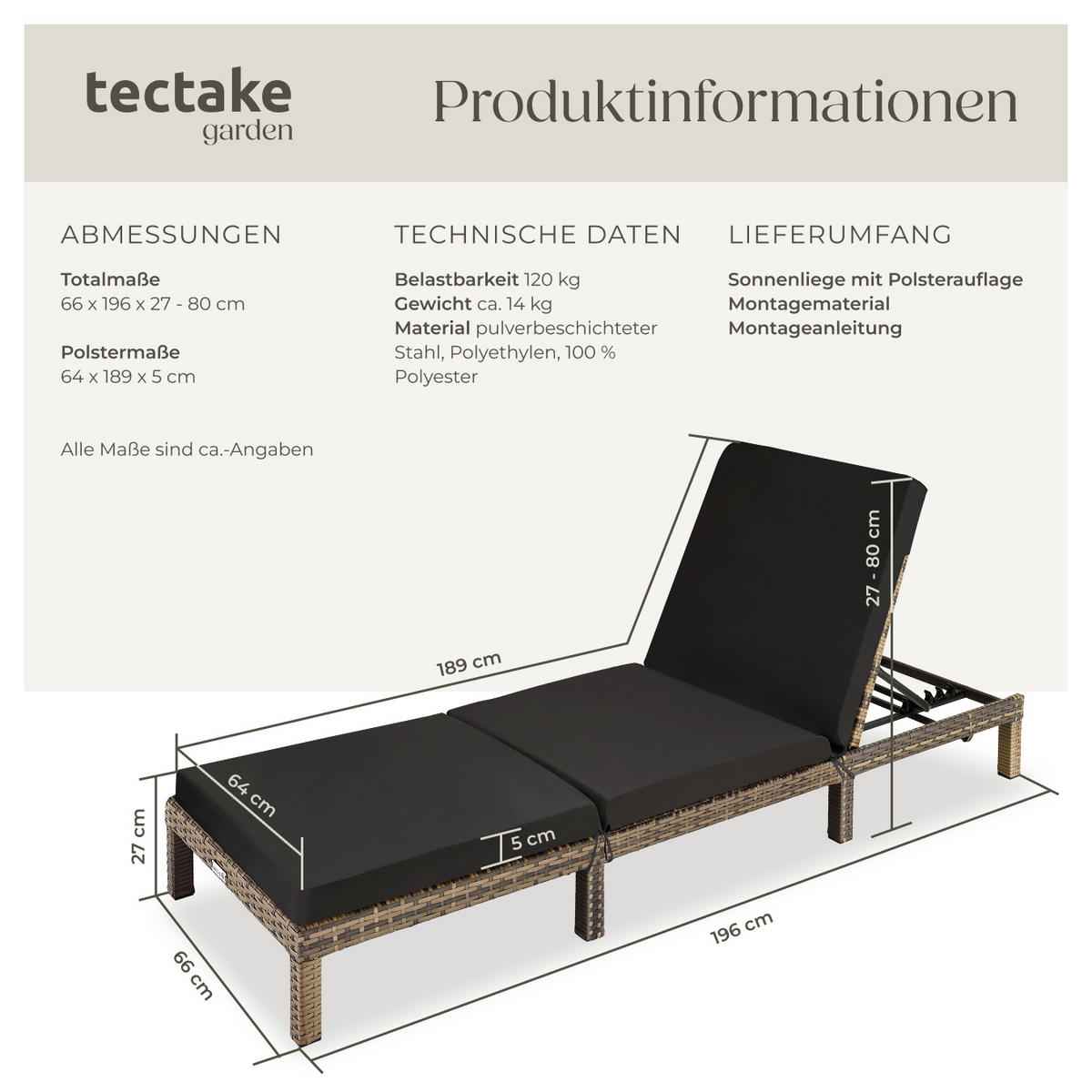 RATTAN-SONNENLIEGE Sofia,196 x 66 x 27 cm,natur - Naturfarben, Kunststoff (66/27/196cm) - tectake