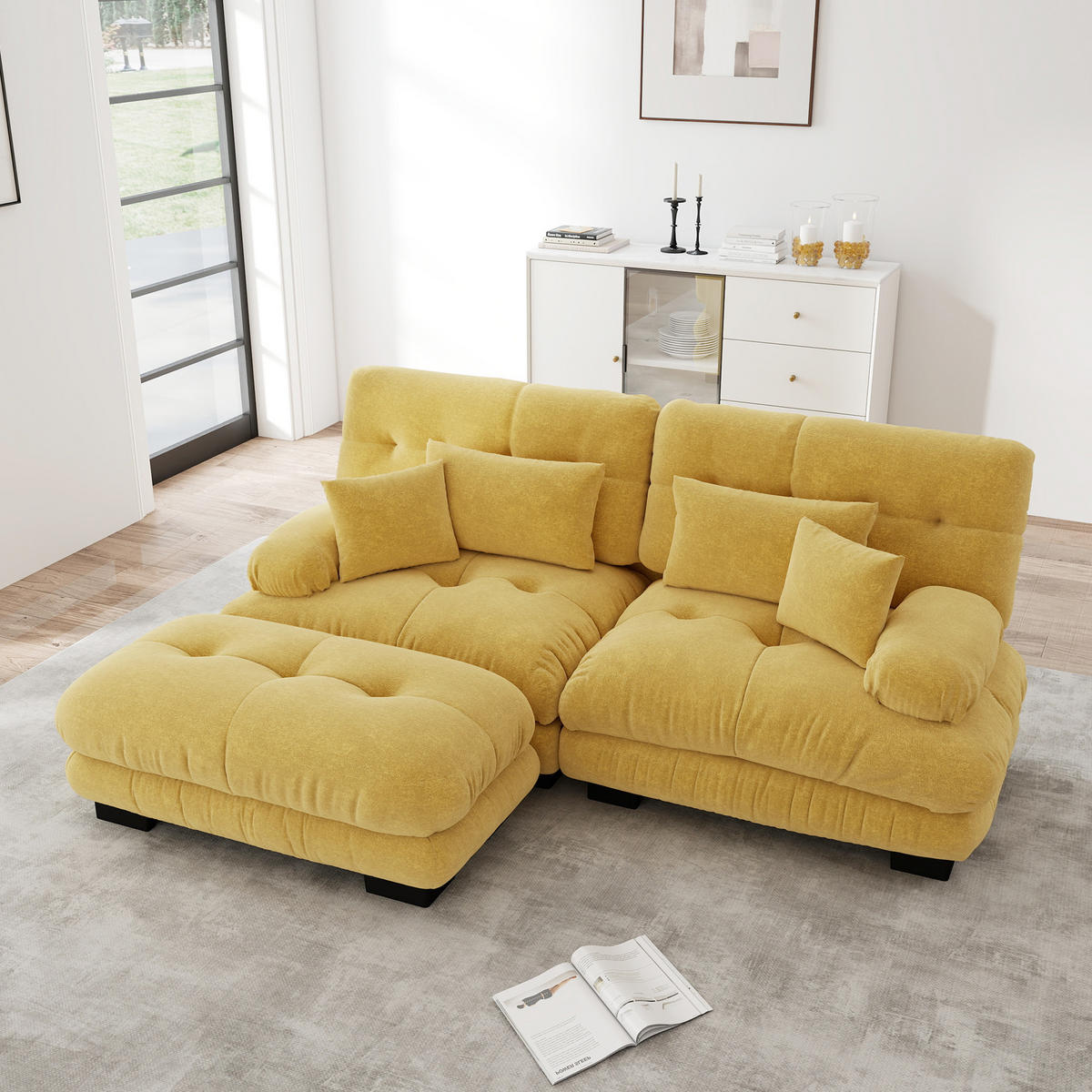 ECKSOFA aus Chenille in Gelb mit Ottomane & Kissen - Gelb, Textil (145/81/220cm) - Modfu