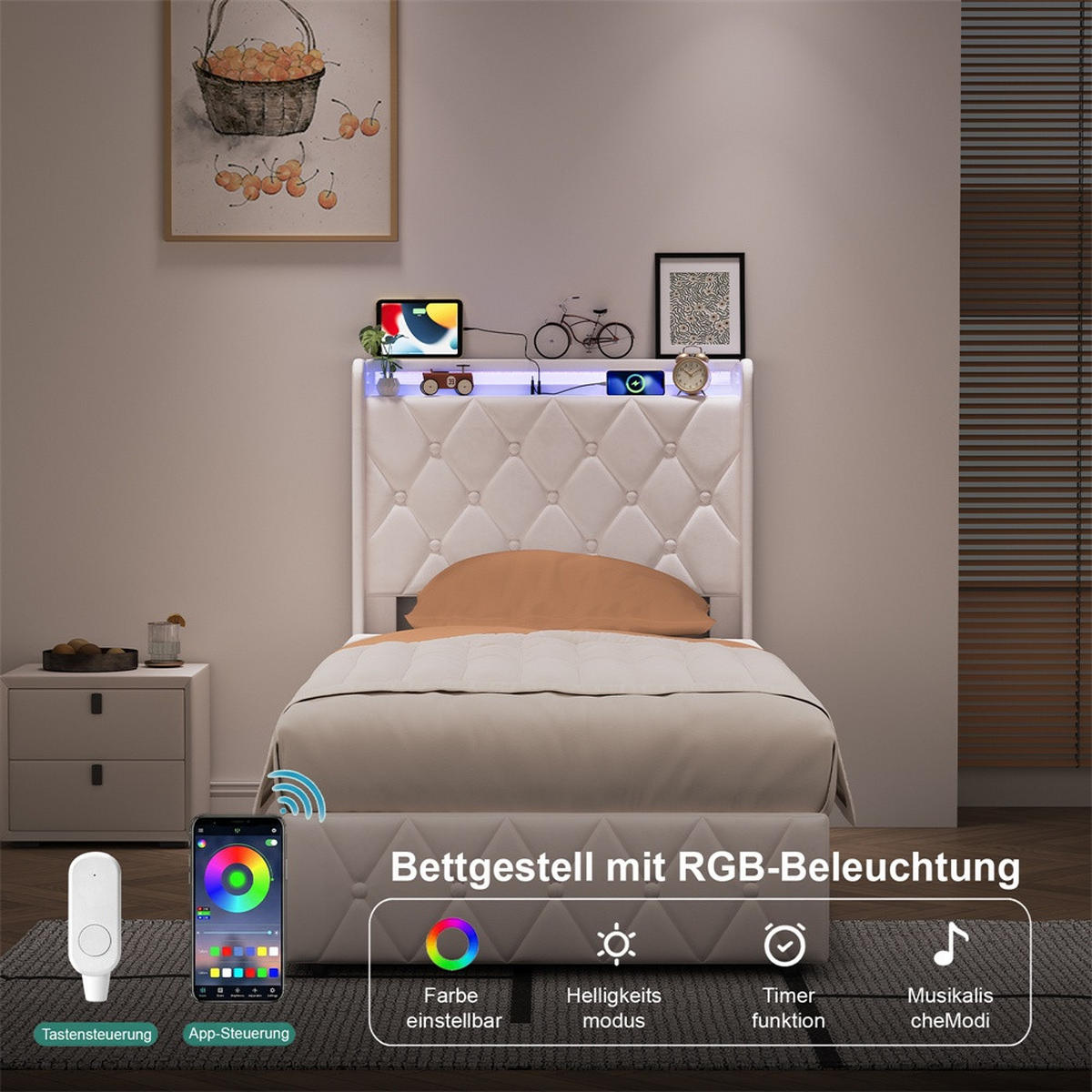 POLSTERBETT 90x200 cm mit hydraulischem Stauraum - Kopfteil Regal & LED - USB - ohne Matratze - Beige - Beige, Textil (90/200cm) - DELFA