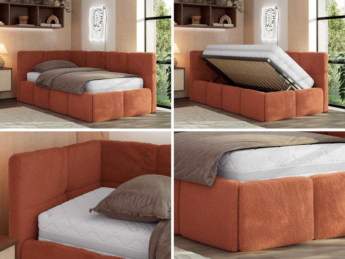 JUGENDBETT ARVO 90/200 - Orange Plüsch - Foam-Matratze - Links Seite - Orange, Textil (90/200cm) - MKS