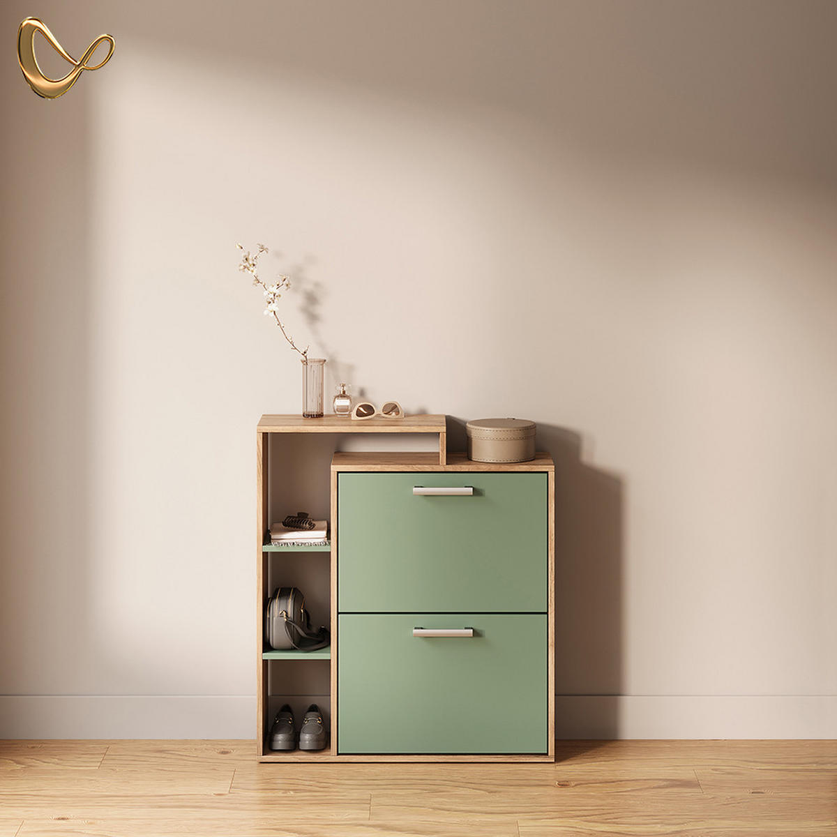 SCHUHKIPPER Ortello Goldkraft Eiche/Grün 80 x 90 cm - Eichefarben/Grün, Holzwerkstoff (80/90/24.2cm) - Livinity®