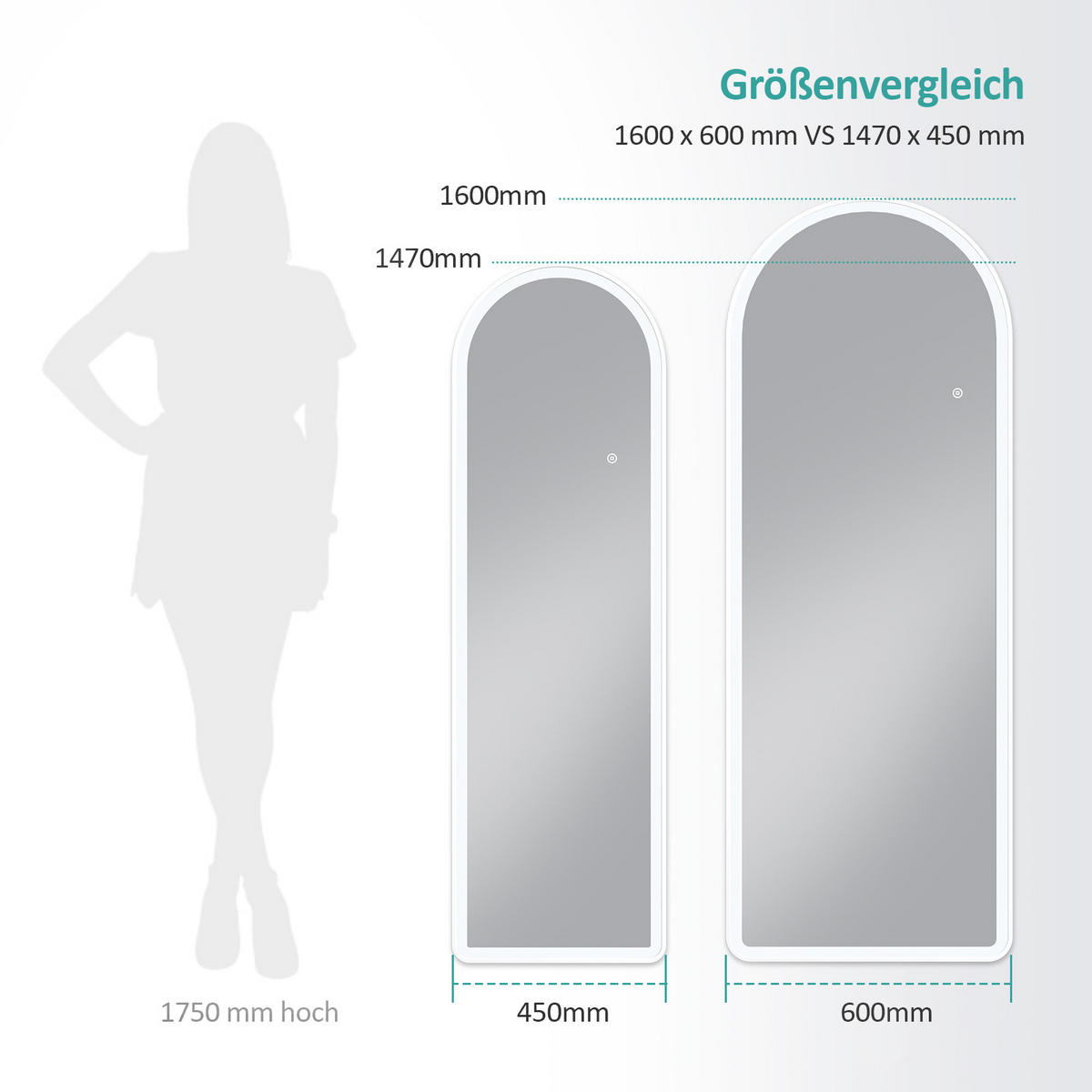 STANDSPIEGEL mit Beleuchtung und Rahmen weiß 160/60 cm - Weiß, Glas/Metall (60/160/160cm) - EMKE