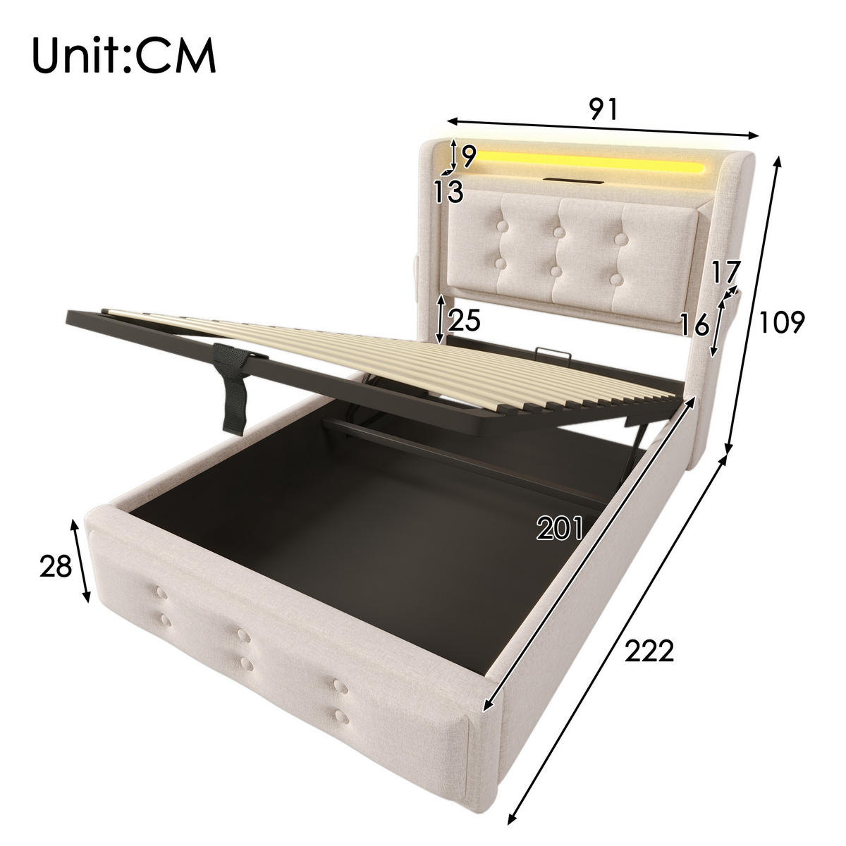 POLSTERBETT 90/200 cm beige aus Baumwoll-Leinen mit LED, USB-C und Matratze - Beige, Textil (90/200cm) - OKWISH