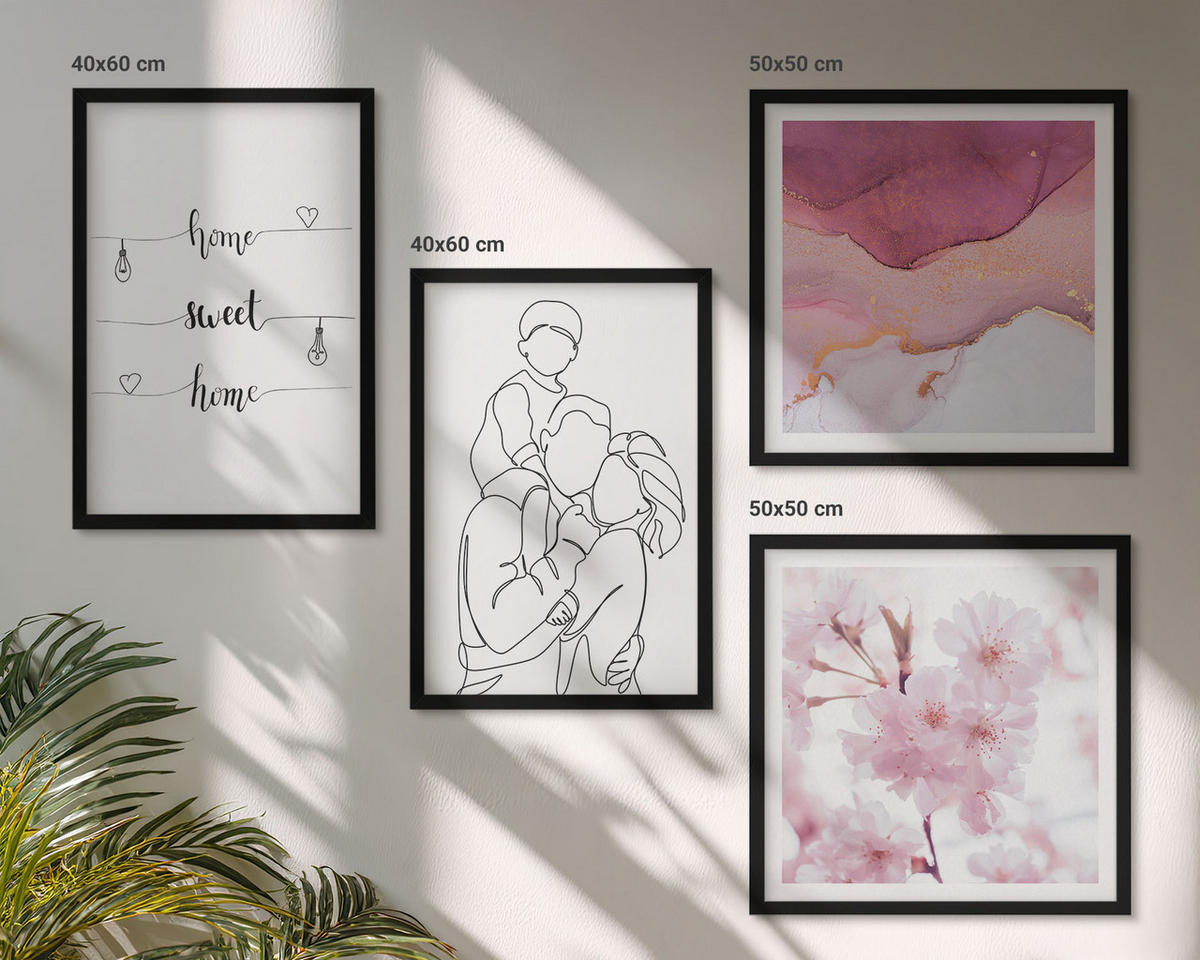 WANDBILDER 4er-Set - 50x50 cm & 40x60 cm Schwarzer Rahmen - Blumenfamilie minimalistisch - Schwarz, Kunststoff (50/50cm) - ArtPrintCave