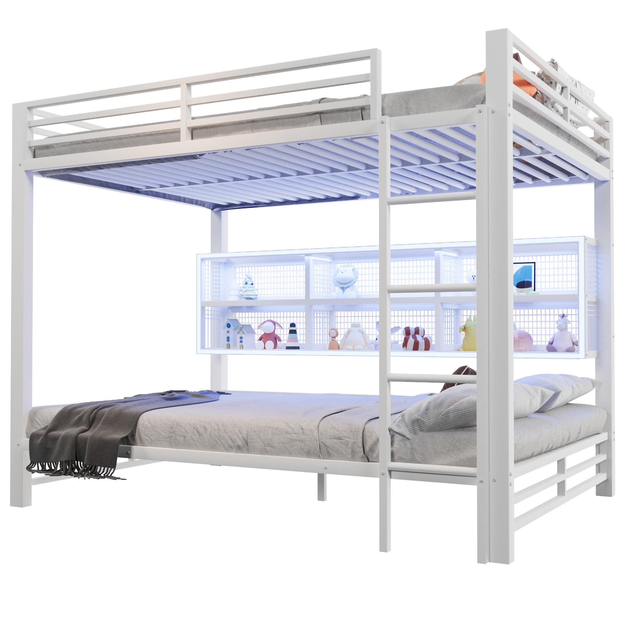 ETAGENBETT 140/200 cm in Weiß mit 6 Schränken und LED - Weiß, Metall (140/200cm) - CHICFURN