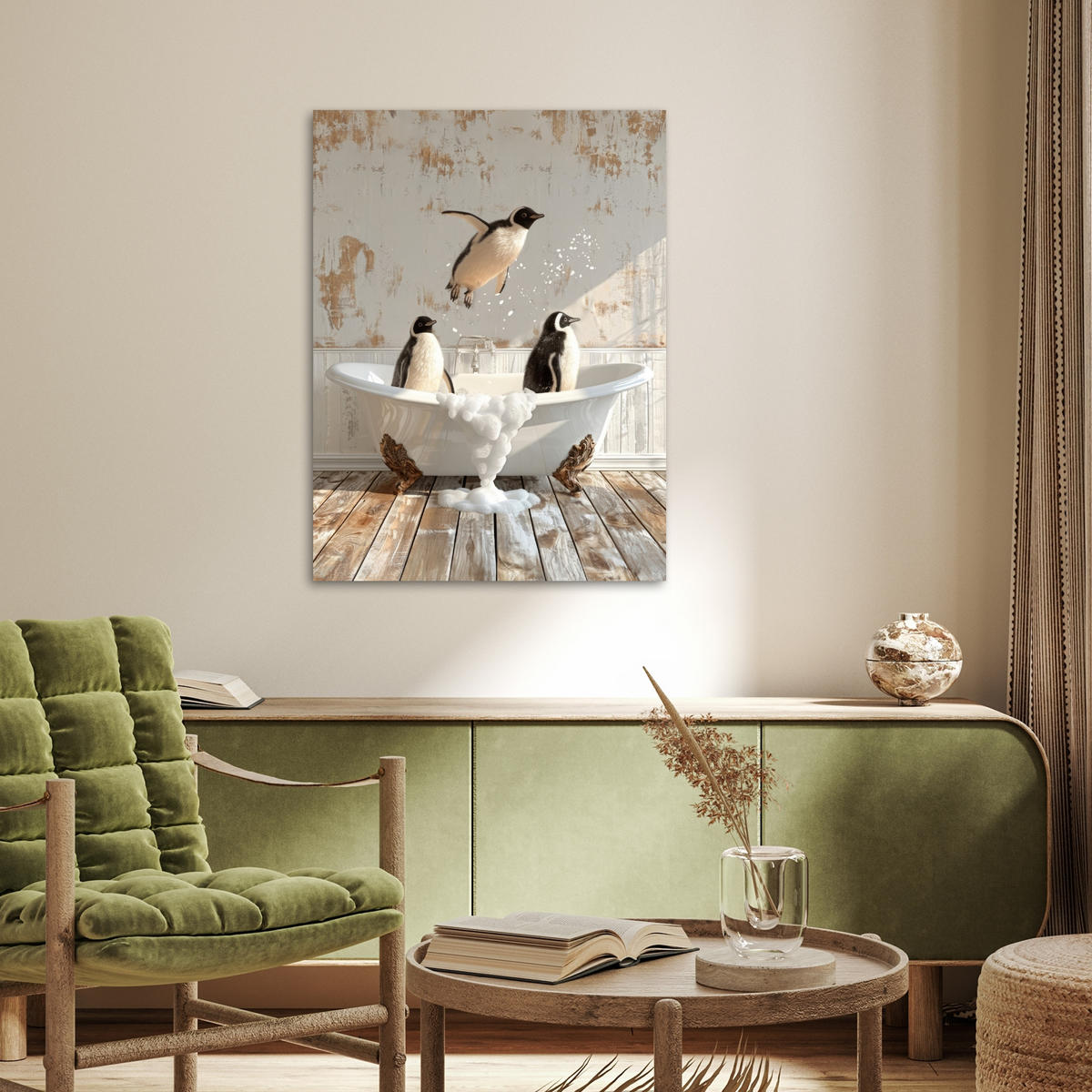 POSTER Vintage - Pinguin - Badewanne - Schaumstoff 60x80 cm - Schwarz, Papier (60/80/0.1cm) - MuchoWow