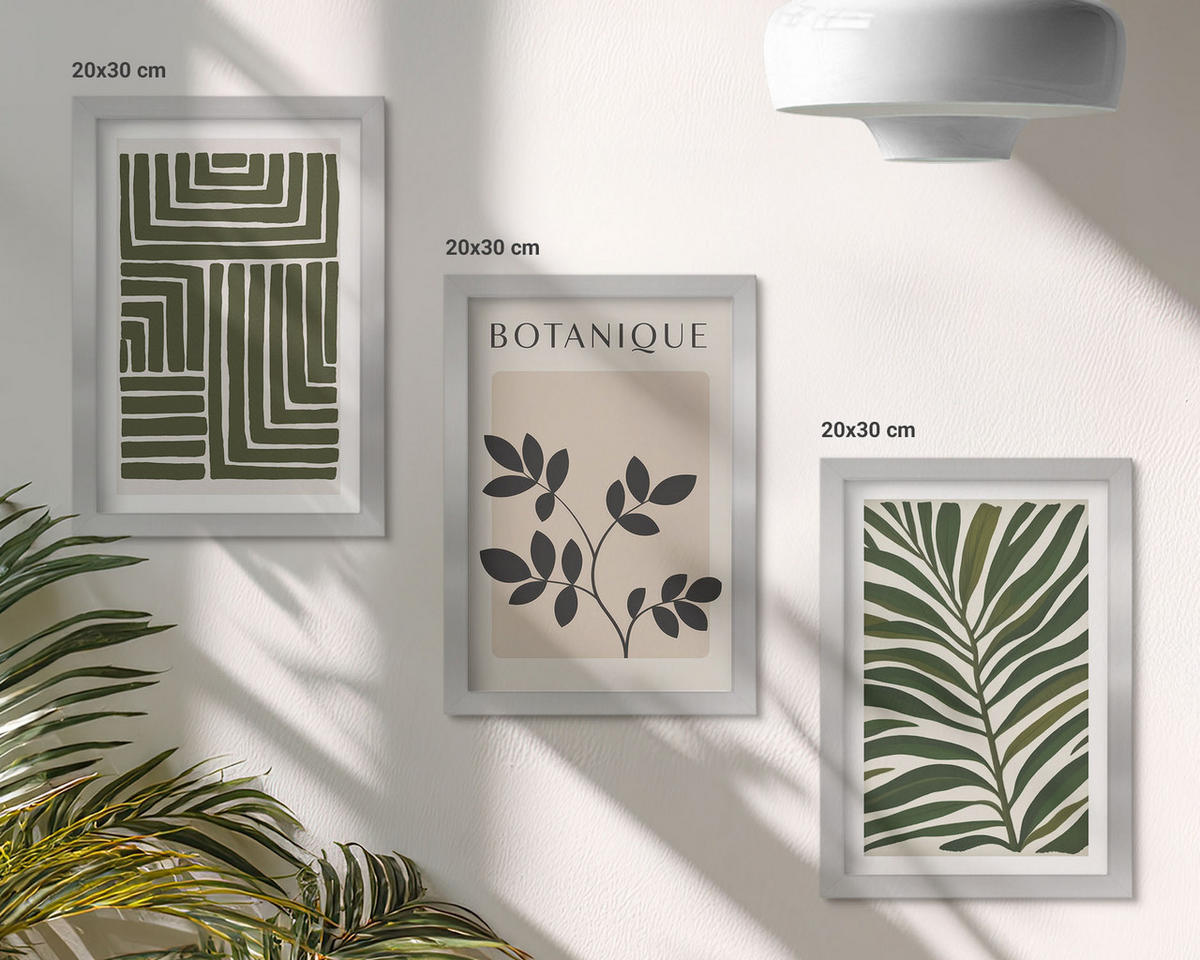 BILDER SET 3er Set - 20x30 cm Silberner Rahmen - Botanischer Boho-Minimalismus - Silberfarben, Kunststoff (20/30cm) - TULUP