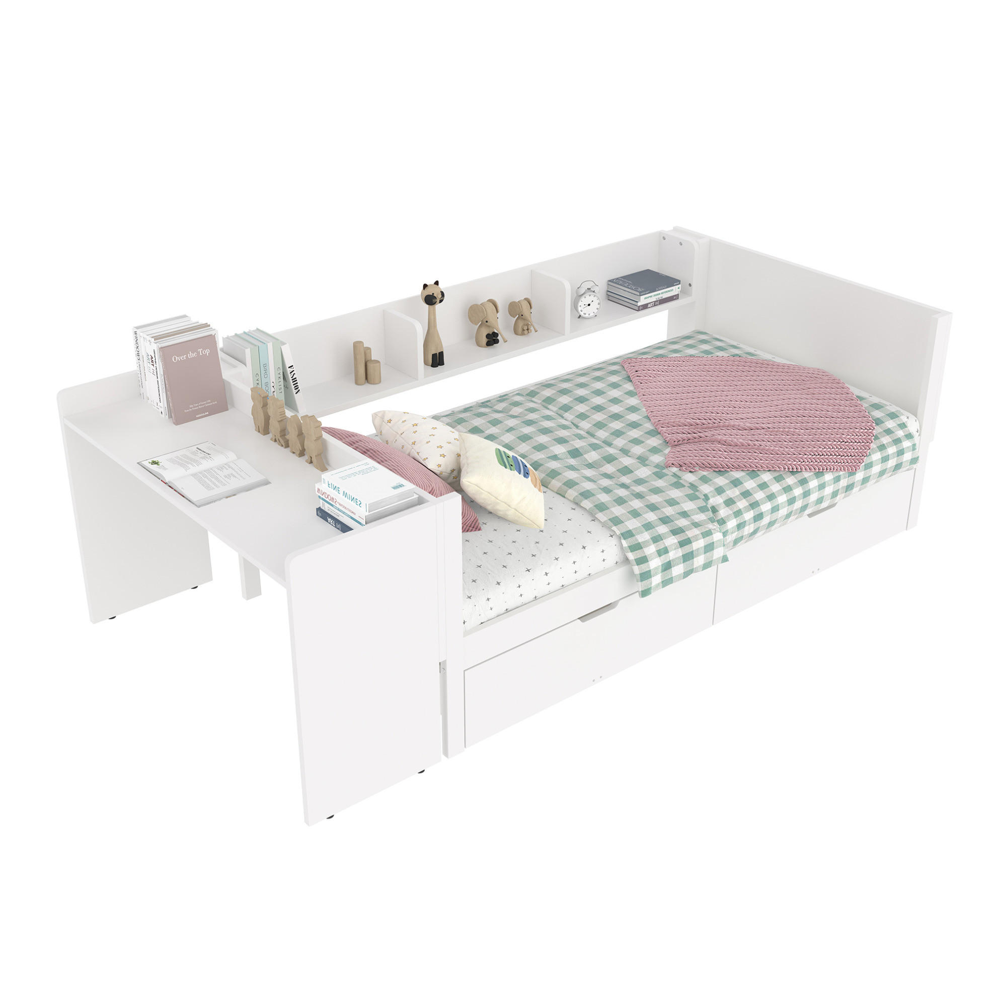 KINDERBETT 90/200 cm Weiß aus Kiefern mit Schreibtisch, 2 Schubladen und Regalen - Weiß, Holz (90/200cm) - OKMYHOME
