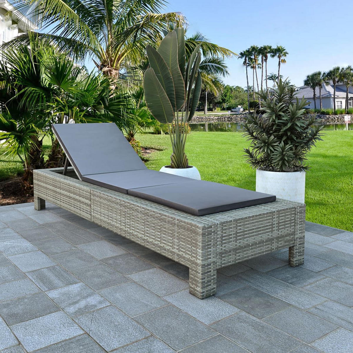 SONNENLIEGE mit Auflage Grau Poly Rattan - Grau, Holz (75/35/220cm) - furnicato