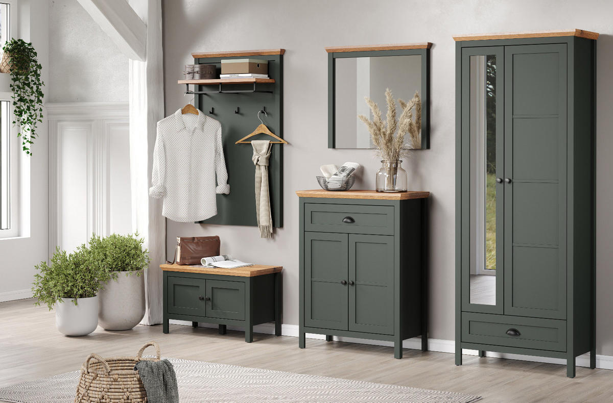 GARDEROBENBANK grün, Evoke Eiche Landhaus 77 x 48 cm, Sitzbank mit Stauraum - Eichefarben/Schwarz, Holzwerkstoff/Kunststoff (77/48/39cm) - Top.Furn