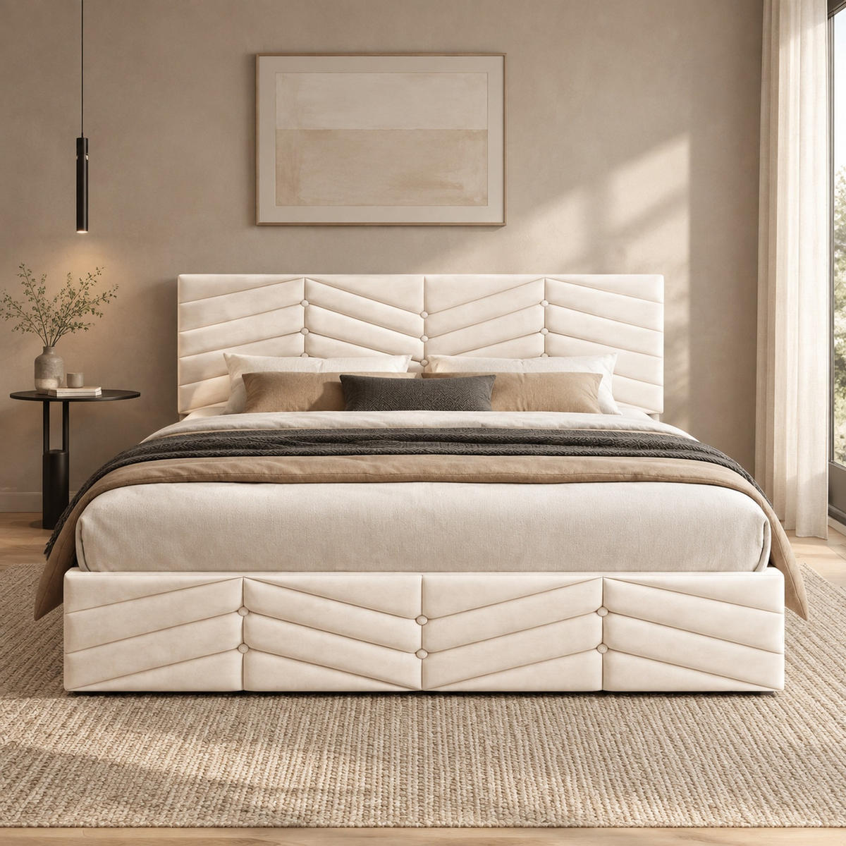 POLSTERBETT 140/190 mit verstellbarem Kopfteil und Lattenrost in Beige - Beige, Holzwerkstoff/Textil (140/190cm) - EVRYAE