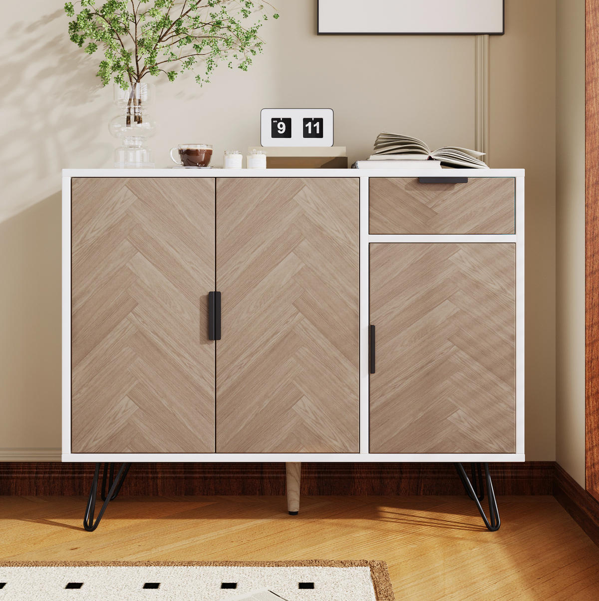 SIDEBOARD 90/30/71,5 cm in Weiß und Holzoptik mit Schublade und 3 Türen - Naturfarben, Holzwerkstoff (30/71.5/90cm) - Flora Grace