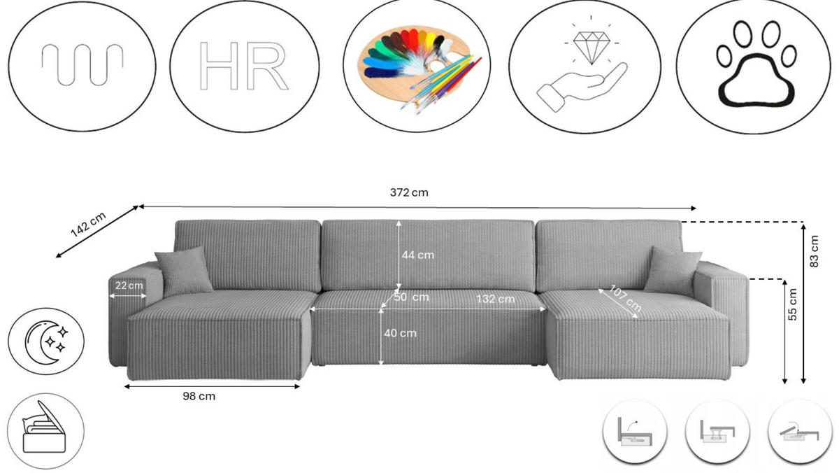 ECKSOFA Mit Schlaffunktion Und Bettkasten BEST U XL Stoff Poso Grau - Grau, Holz (142/372cm) - Kaiser Möbel