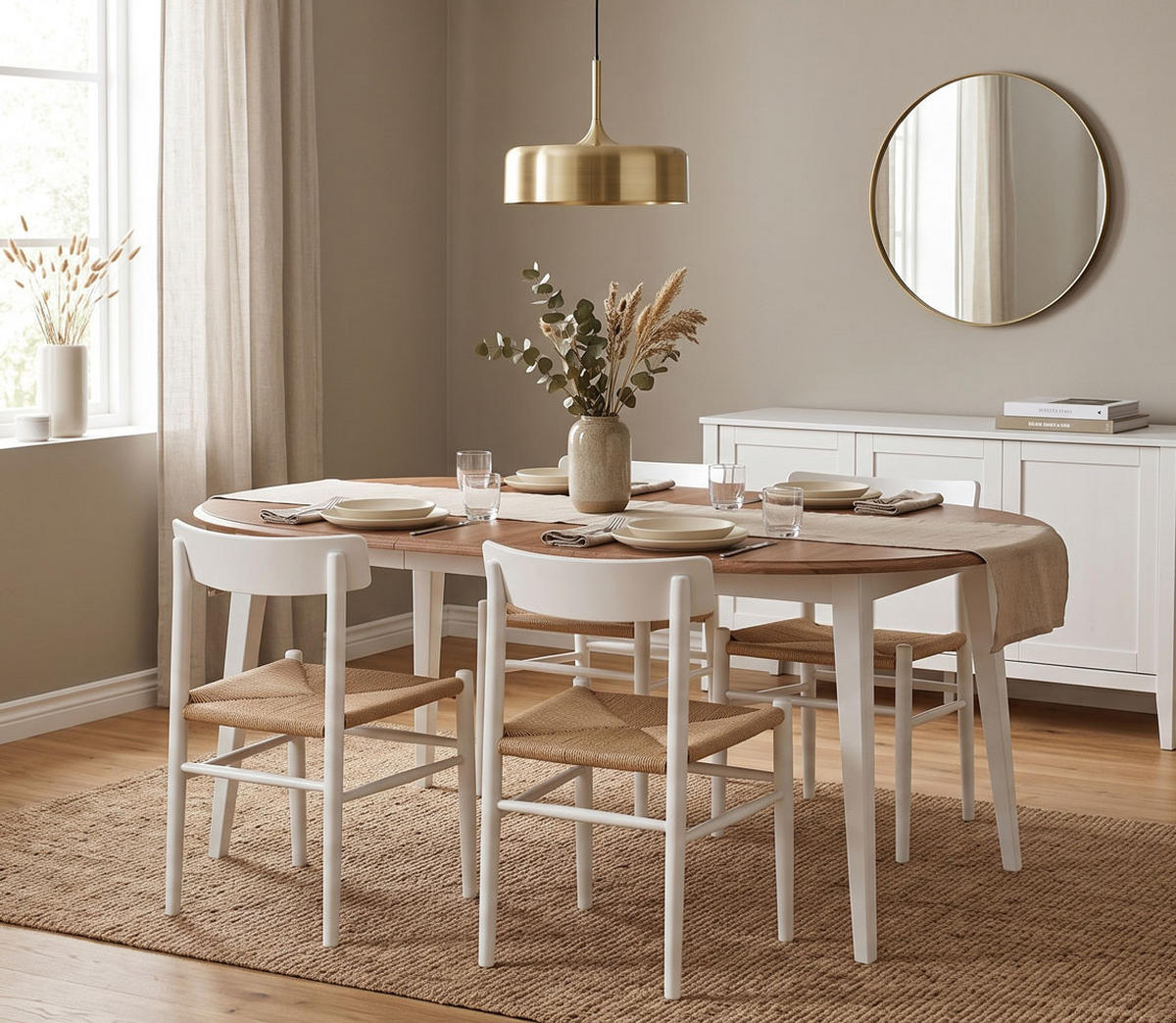 ESSTISCH Belluno Elegante Kiefer weiß (RAL9010) lackiert / Kiefer gebeizt, Eichefarben 110-160 / 110 / 74,5cm - Eichefarben/Weiß, Holz (110/160/75cm) - Feldmann-Wohnen