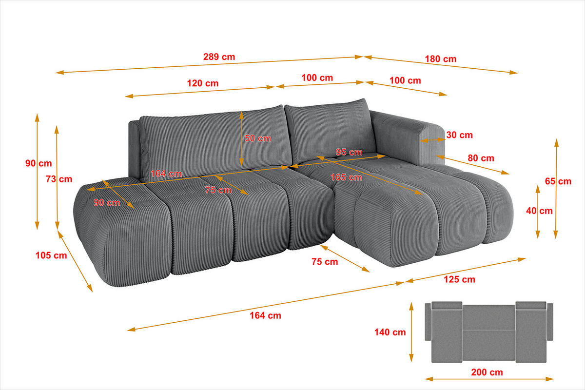ECKSOFA Ottomane Rechts CLOUD-L 289x180x40 Dunkelgrau Cord - Dunkelgrau, Holzwerkstoff/Kunststoff (289/180cm) - ALTDECOR