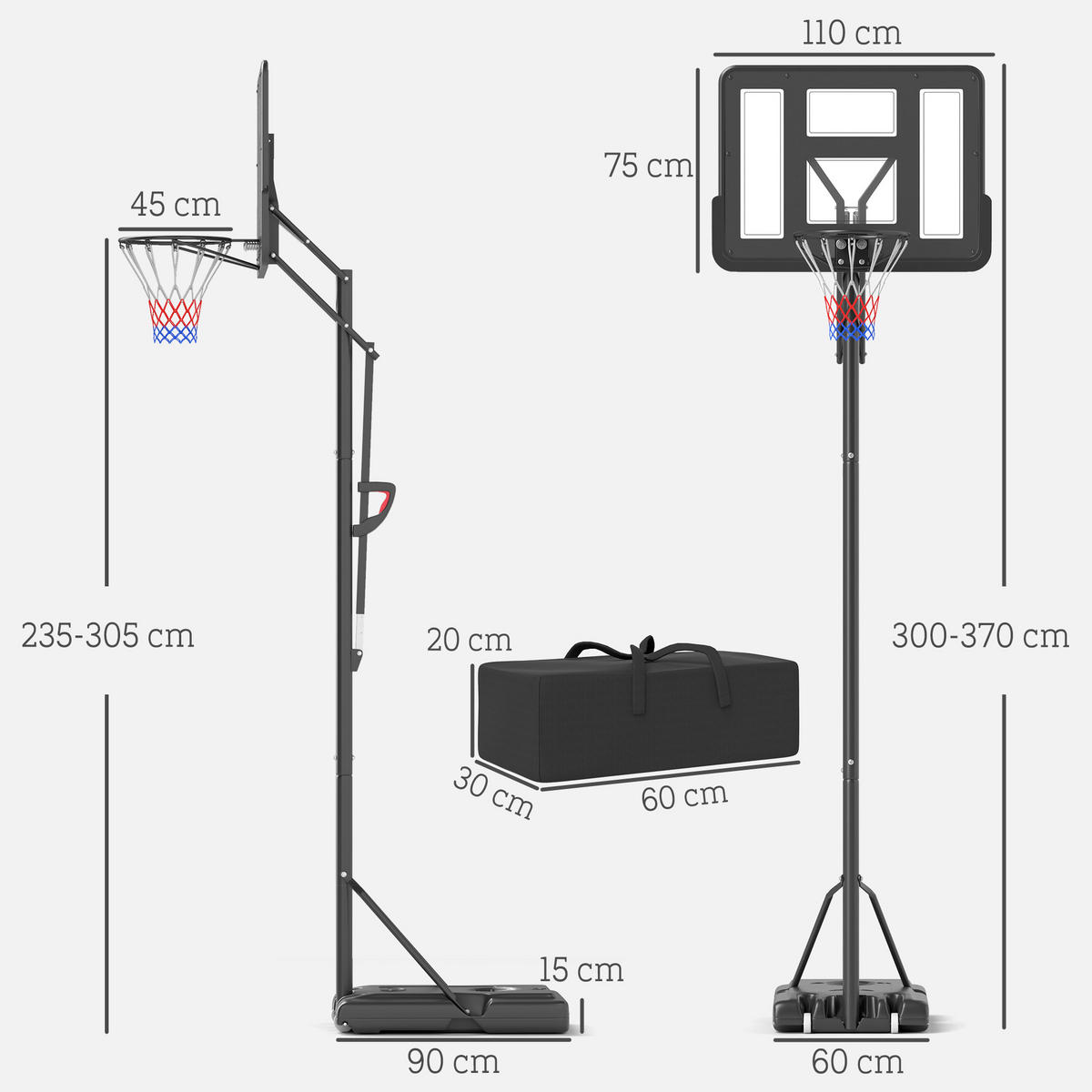 BASKETBALLSTÄNDER DE-10357 höhenverstellbar 235-305 cm Schwarz - Schwarz, Metall (75/110cm) - ComfortXL