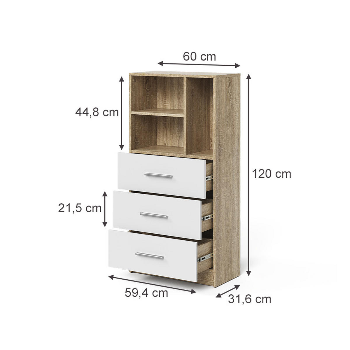 UNIVERSALSCHRANK Tomy, Sonoma/Weiß, 60 x 120 cm mit 3 Schubladen - Weiß/Sonoma Eiche, Holzwerkstoff (60/120/31.6cm) - Vicco