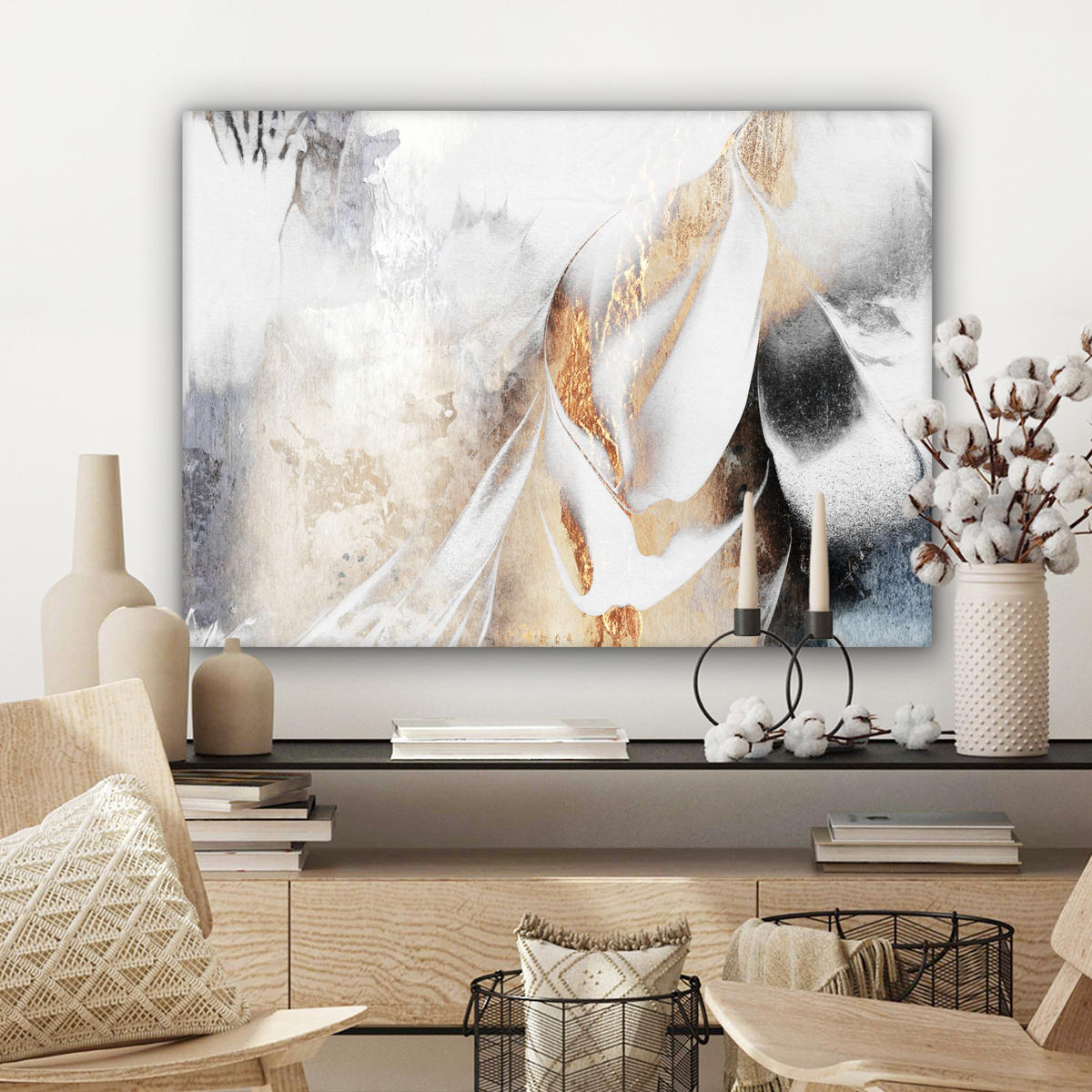 LEINWANDBILD Luxus - Abstrakt - Gold - Weiß Wandbilder 80x60 cm - Goldfarben, Textil (80/60cm) - MuchoWow