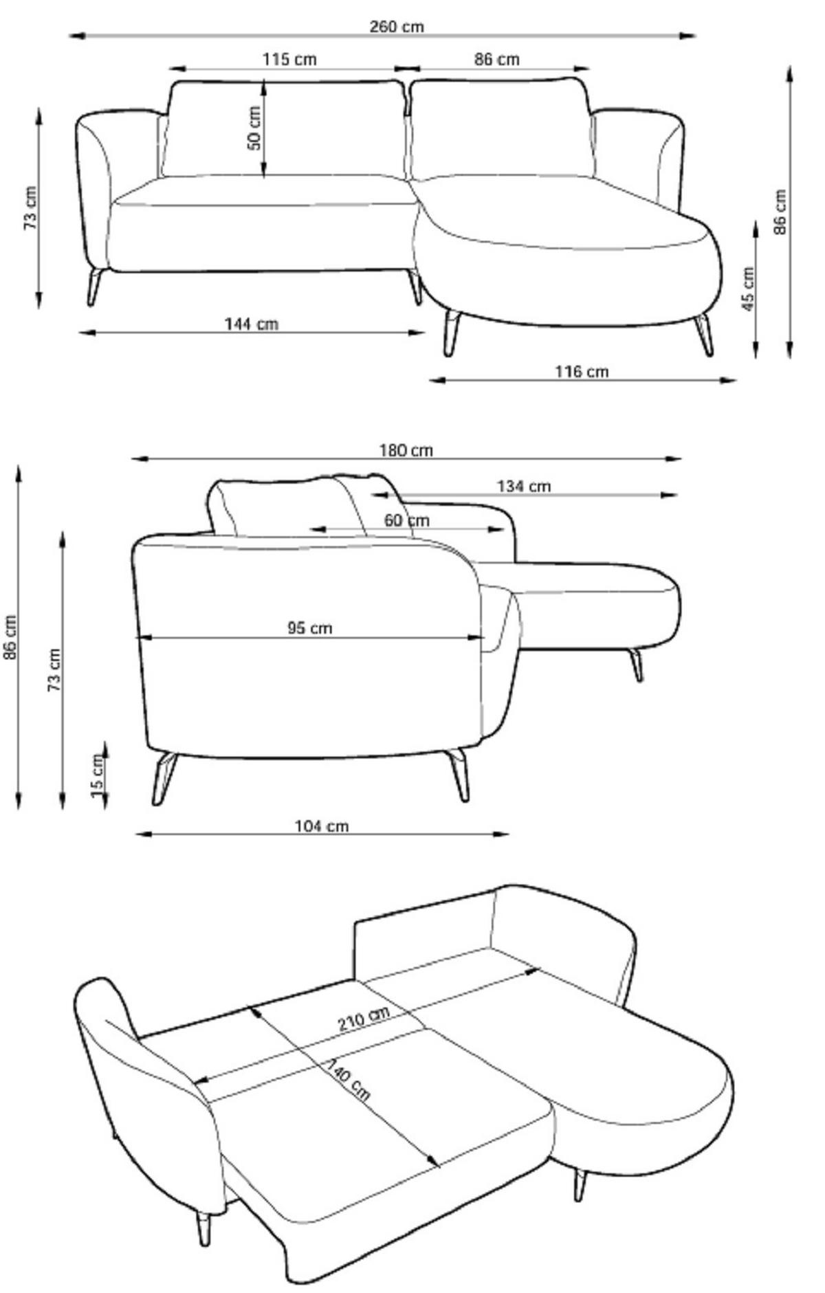 ECKSOFA auf Füßen Kendra 260 cm mit Schlaffunktion, Rechts, Dunkelgrau - Dunkelgrau, Holz (180/260cm) - Emporius