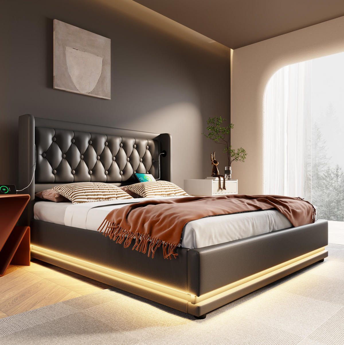 POLSTERBETT mit Stauraum USB/Typ-C 160x200 cm PU Schwarz - Schwarz, Metall (160/200cm) - Meubliv