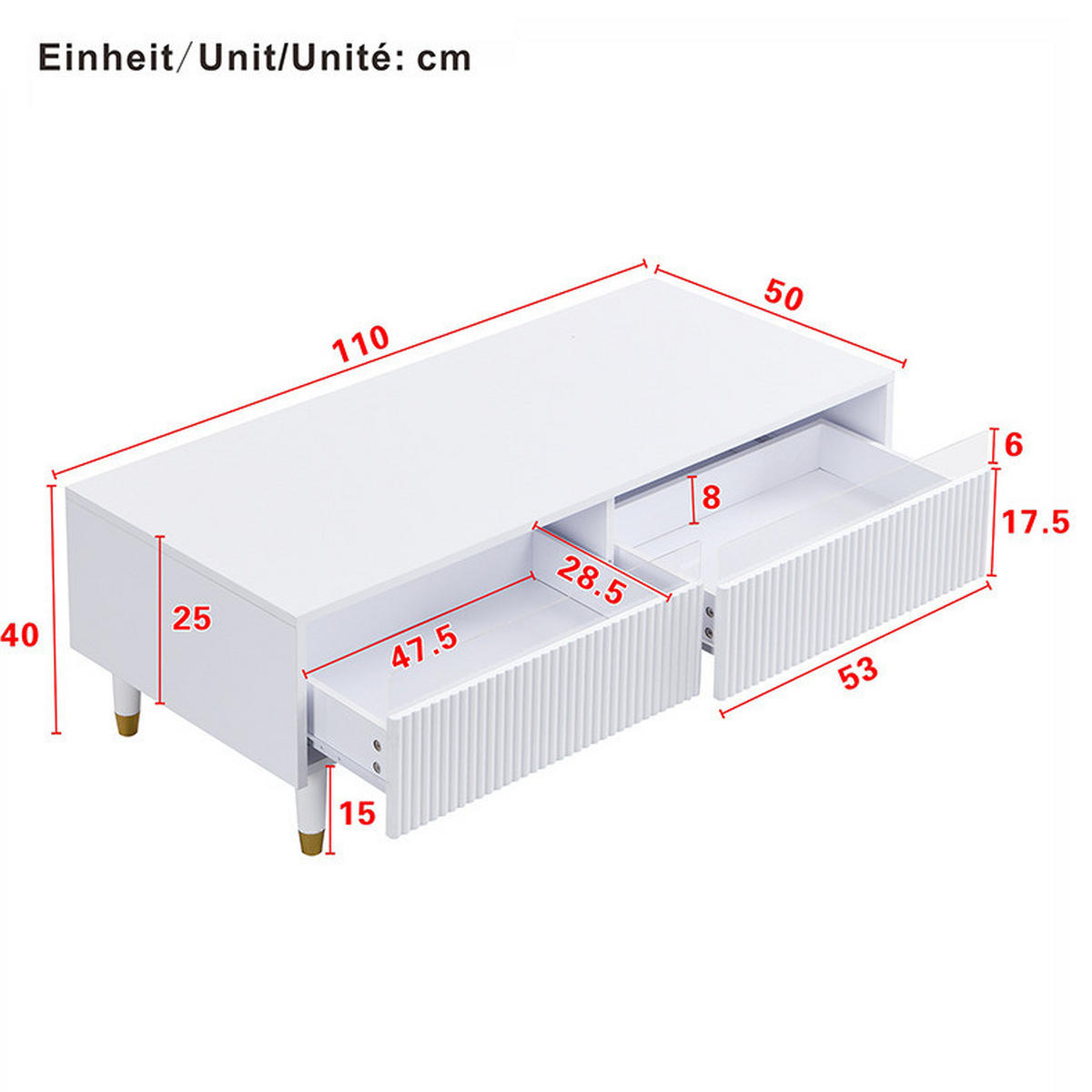 COUCHTISCH aus MDF 110x50x40 cm Weiß mit 2 Schubladen und LED-Beleuchtung - Weiß, Holzwerkstoff (110/50/40cm) - IVMEU