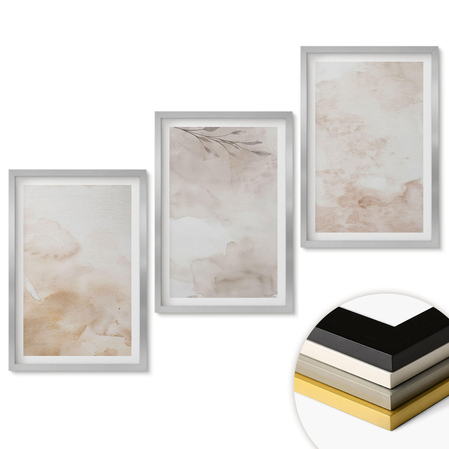 WANDBILDER 3er Set - 40x60 cm Silberner Rahmen - Aquarell-Pastellblätter - Silberfarben, Kunststoff (40/60cm) - ArtPrintCave