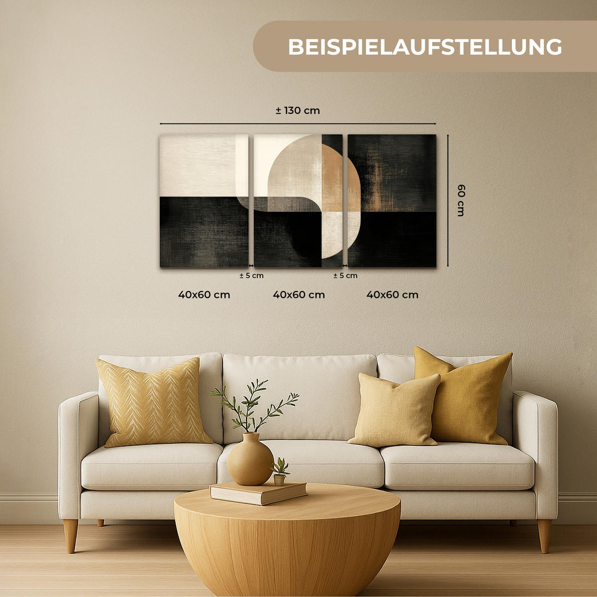 LEINWANDBILD 3er Set Formen - Abstrakt - Gold 120x60 cm - Schwarz, Textil (120/60cm) - MuchoWow