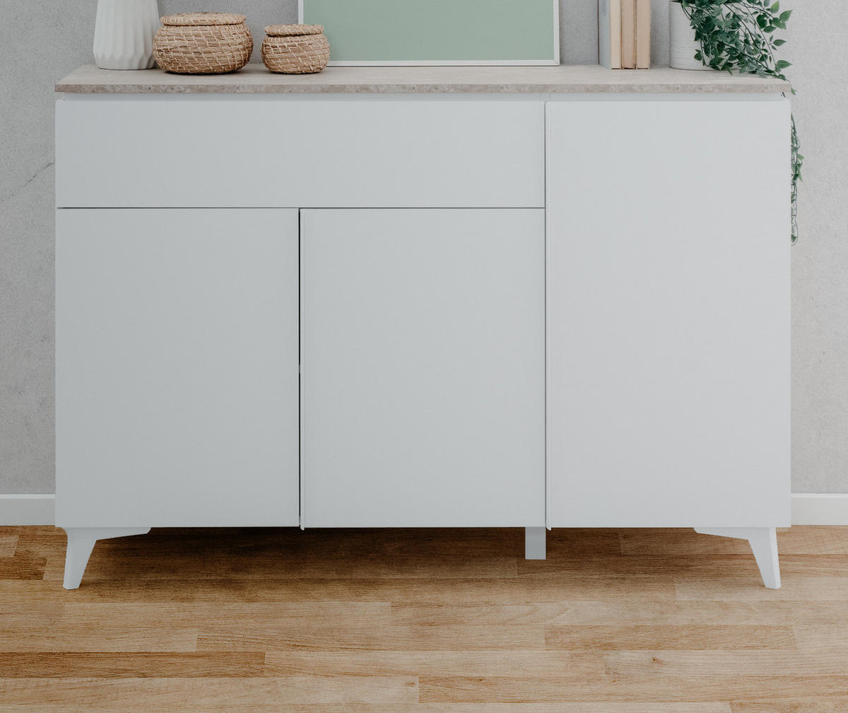 SIDEBOARD weiß, Sandstein 133 cm, Kommode 3-türig - Weiß, Holzwerkstoff/Kunststoff (133/92/40cm) - Furn.Design