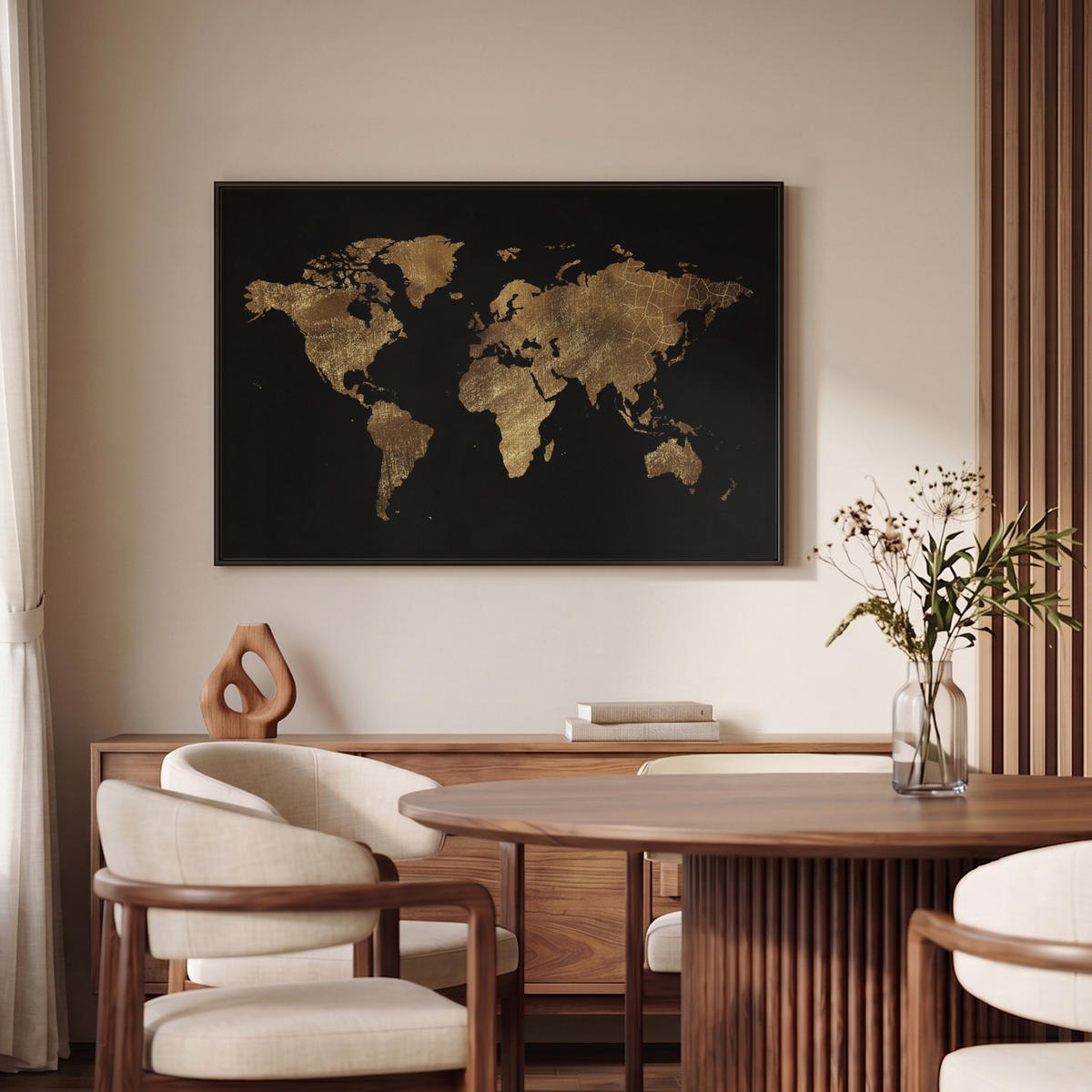 LEINWAND Bilder mit Rahmen - Weltkarte - Gold - Luxus - Erde - Schwarz - 90x60 - Goldfarben, Textil (90/60cm) - MuchoWow
