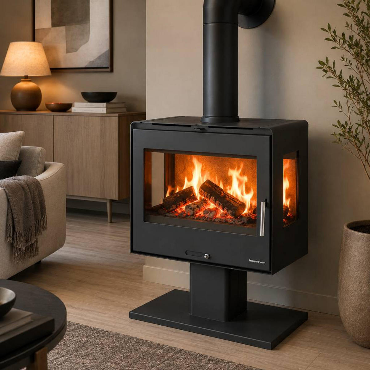 KAMINOFEN Holzofen Wohnzimmer Holzkamin 5071 Panorama 3 Seiten Glas 10 kW - Schwarz, Metall (70.4/90/38cm) - DanDiBo