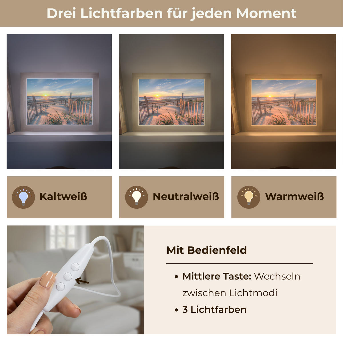 TISCHLEUCHTE Strand - Meer - Düne - Sonnenuntergang - Landschaft 20x15 cm - Creme, Holzwerkstoff (8/20/15cm) - OnlyWow