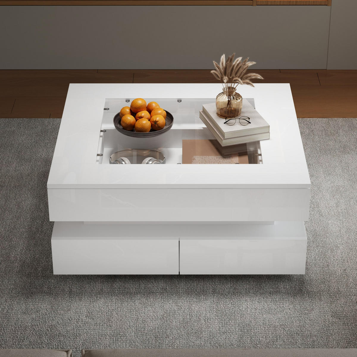 COUCHTISCH mit LED 70 x 70 x 35 cm Glas Weiß mit 3 Schubladen - Weiß, Glas (70/70/35cm) - Meubliv