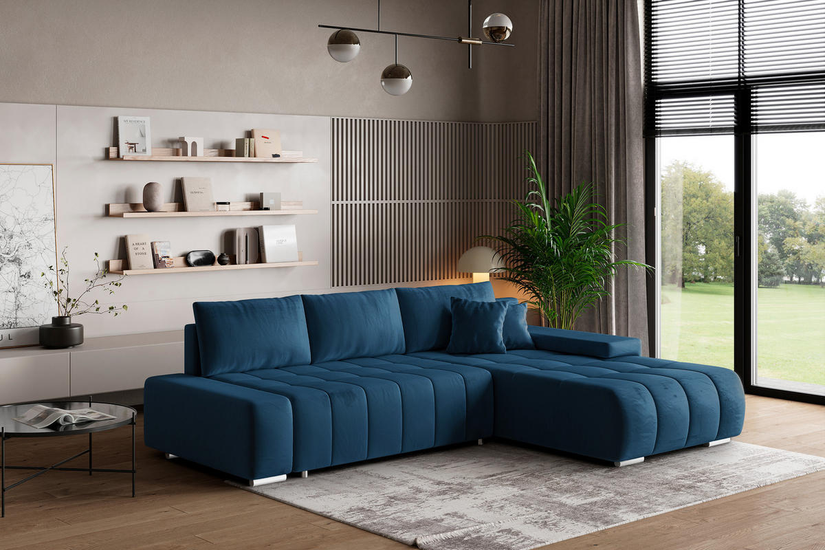 ECKSOFA ALESE R-S Blau Velours-Stoff mit Schlaffunktion - Blau, Holz (265/185cm) - MASSENO