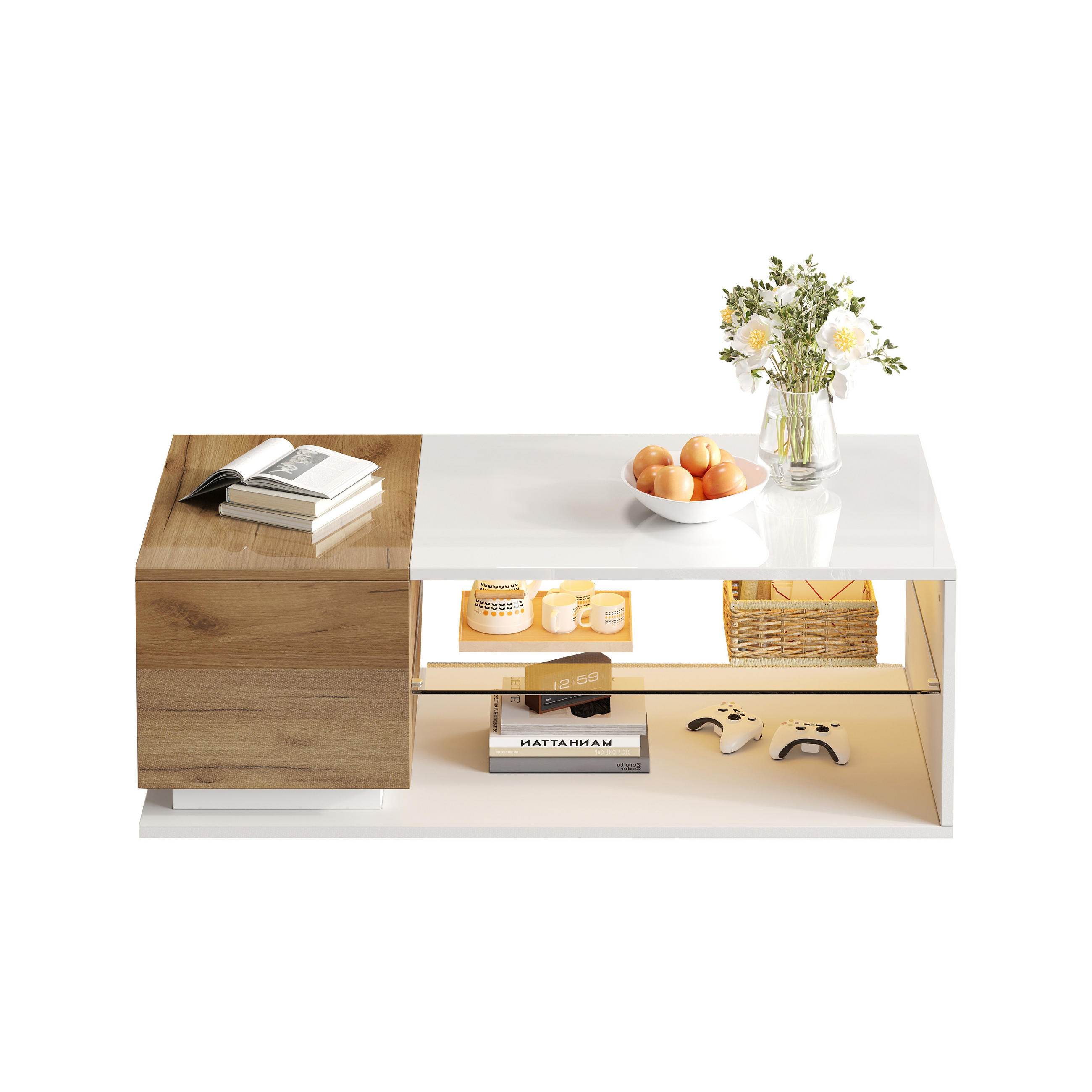 COUCHTISCH LED Hochglanz 105x50x36cm mit Stauraum und Beleuchtung - Multicolor, Holzwerkstoff (105/50/36cm) - FLIEKS