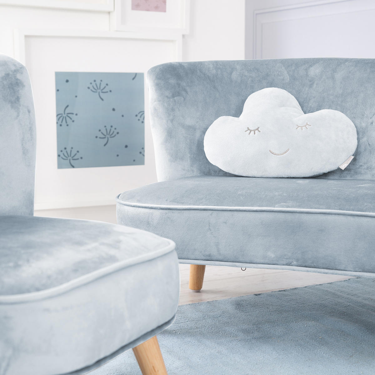 KINDERSOFA 3er-Set hellblau - Hellblau, Holzwerkstoff/Textil (70/50/48cm) - Roba