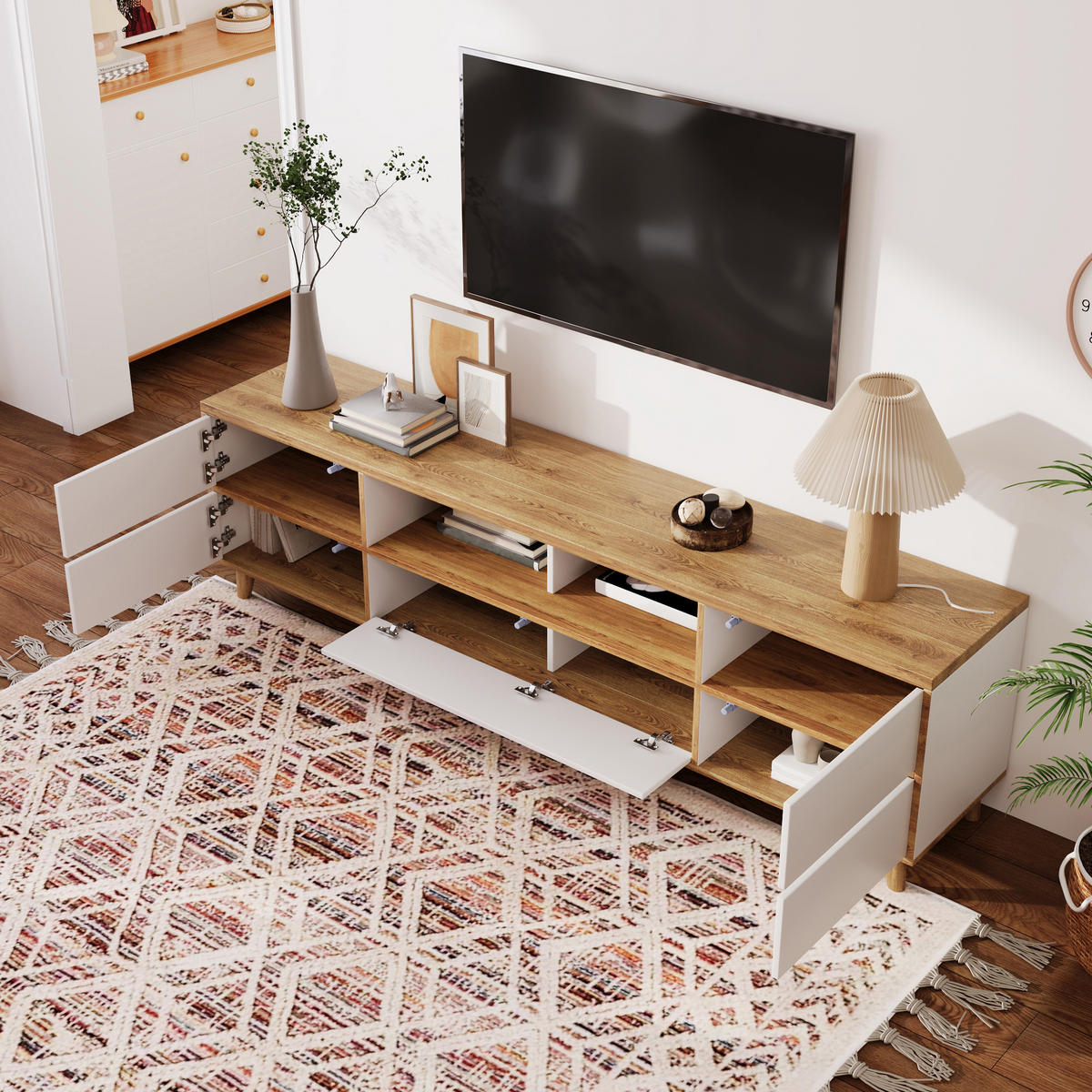 LOWBOARD in Weiß mit Fächern und Türen für Wohnzimmer, B175/T37/H51cm - Naturfarben/Weiß, Holzwerkstoff/Metall (175/51/37cm) - STILVORA