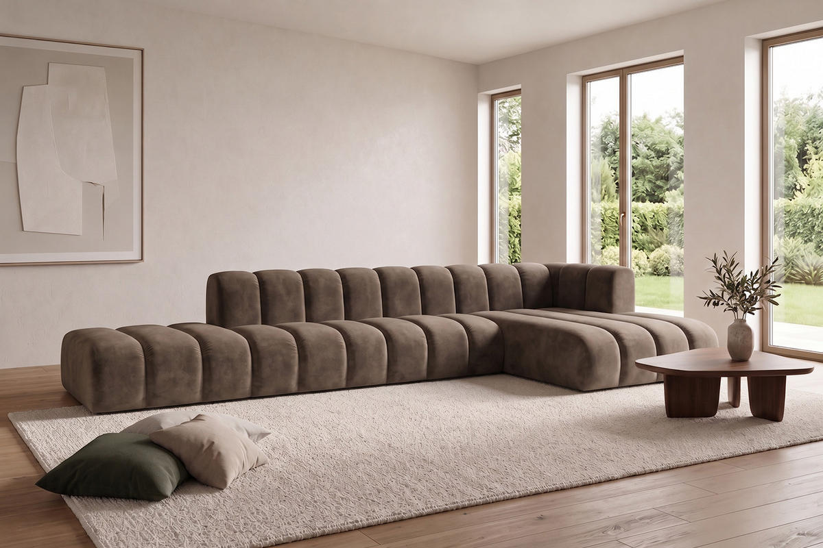 ECKSOFA Modulares In L-Form Mit Hocker, Velvet-Stoff Riviera, Braun, Rechts, GRAND - Braun, Holz (386/179cm) - Kaiser Möbel