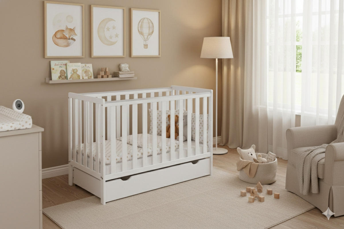 BABYBETT Lio mit Matratze und Schublade - Weiß, Holzwerkstoff (60/120cm) - kiki design