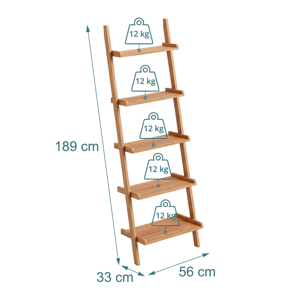 LEITERREGAL Natur 5 Ablagen - Hellbraun, Holz (56/189/33cm) - Relaxdays