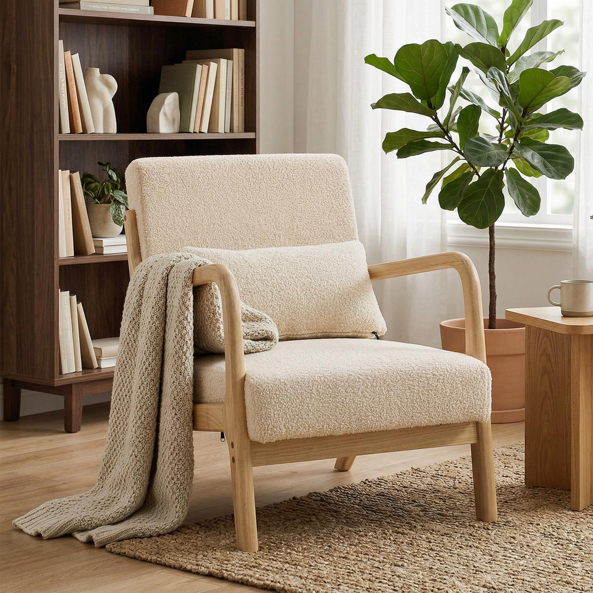 ARMLEHNSTUHL DE-13332 3 Kissen & tiefe Sitzfläche Beige - Beige, Holz (78/76/61cm) - ComfortXL