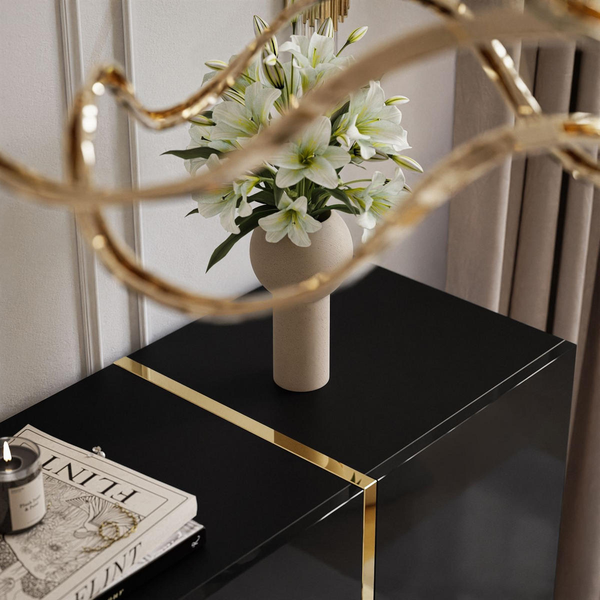 SIDEBOARDS MIT SCHUBLADEN ONYX AUF GOLDENEN BEINEN HOCHGLANZ 158 CM PUSH OPEN - Schwarz, Holzwerkstoff (158/88/41.3cm) - Lookway