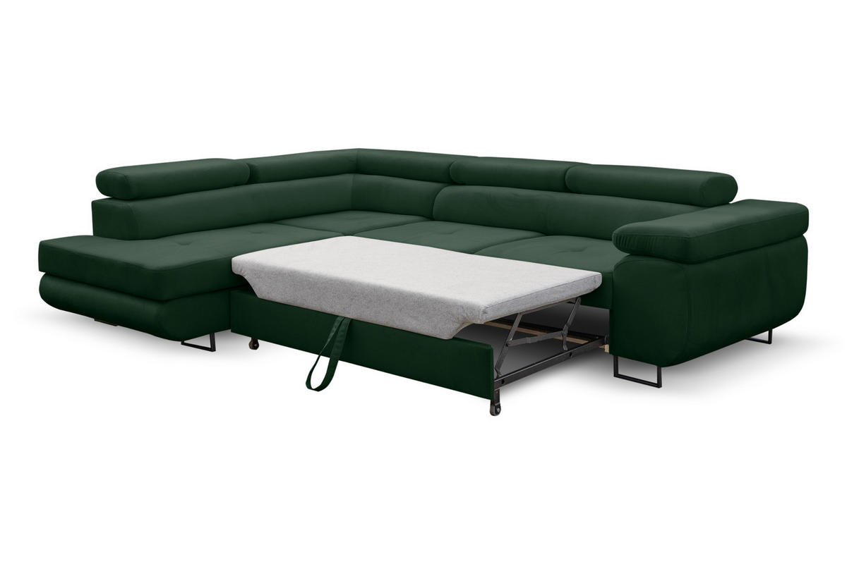 ECKSOFA Jerry in L-Form mit Schlaffunktion und Bettkasten, Farbe: Grün, Veloursstoff, Ottomane Links - Grün, Textil (202/275cm) - VENASI MÖBEL