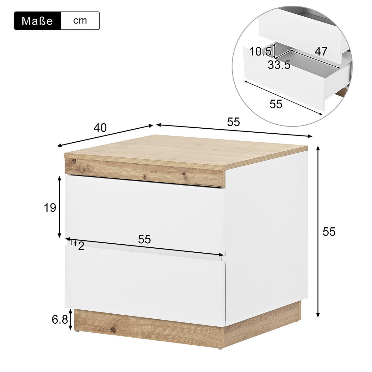 NACHTSCHRANK 2 Schubladen 50/40/55 cm weiß in Eicheoptik - Eichefarben, Holzwerkstoff (40/55/55cm) - OKWISH