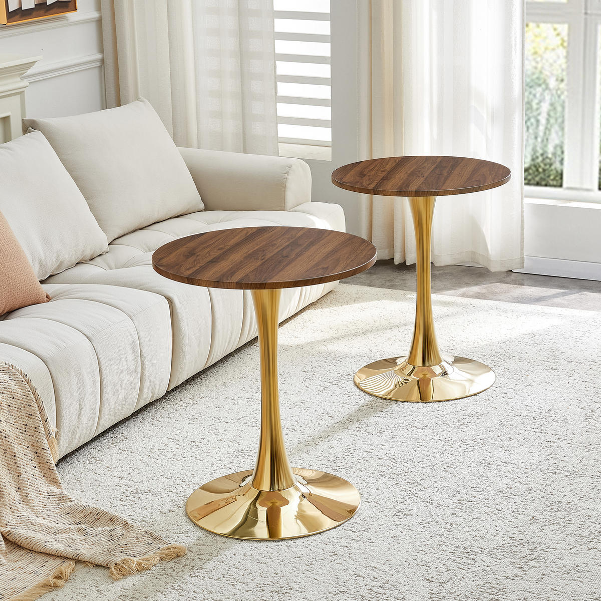 BEISTELLTISCH 60/60/72 cm goldfarben/walnuss aus MDF und Metall mit runder Tischplatte - Goldfarben, Holzwerkstoff (60/60/72cm) - OKWISH