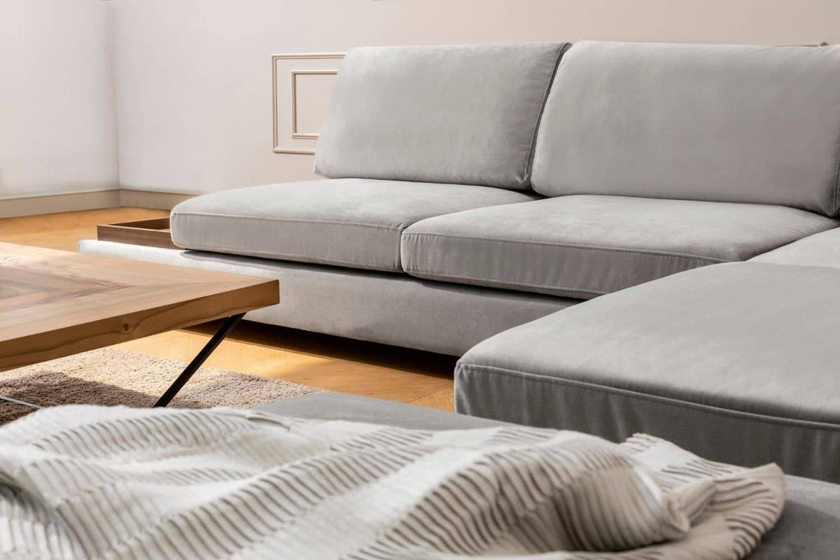 ECKSOFA mit Hocker und Lounge-Design - Walnussfarben/Hellgrau, Holz/Textil (193/313cm) - myHomelando